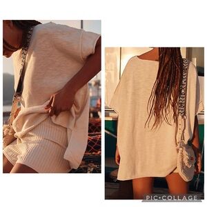 FREE PEOPLE BEACH Women’s Beige Bone WINNIE Sweater T-Shirt Short Sleeve Size M